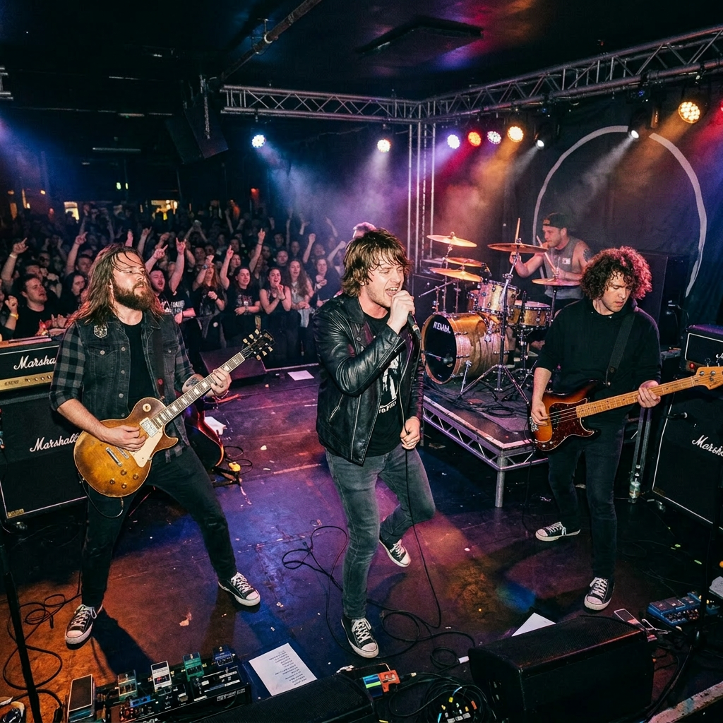 Rock band performing on stage with guitarist, singer, bassist, and drummer