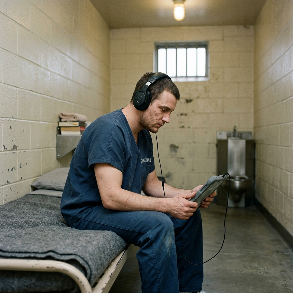 Prisoner sitting on jail bed wearing headphones and holding a tablet